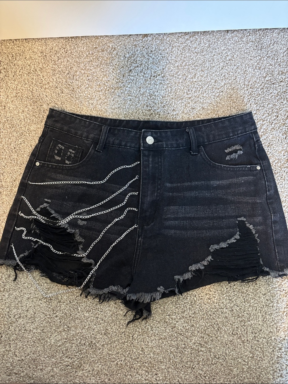SHEIN Black Distressed Denim Shorts with Silver Chain Detail